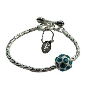 Da Vinci Silver Tone Woven Chain Bracelet Blue Crystal Bead Charm Toggle Clasp